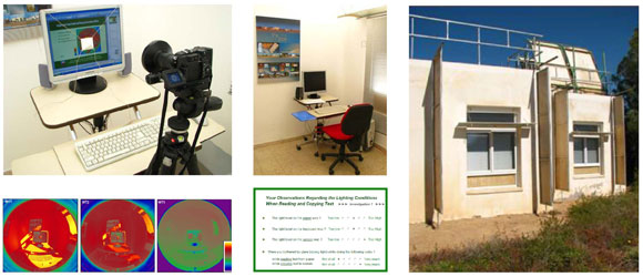 A Controlled Experiment on Daylighting: a statistical survey of visual comfort in a controlled office environment; including objective measurements (left) and subjective responses to a questionnaire (middle), carried out simultaneously in two identical rooms (right). 